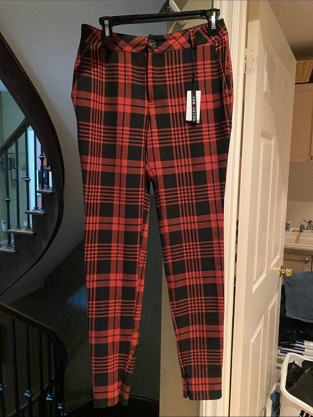 Noisy May Red & Black Plaid Skinny Pants